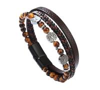 LIUYUYOUGO Mens Leather And Bead Bracelets With Viking Tree Of Life Multi-Layer Braided Natural Stone Tiger Eye Black Agate Beaded Cuff Wristband Ethnic Tribal Jewelry Gifts Tiger Eye 23Cm