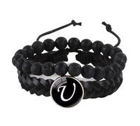 LIUYUYOUGO Mens Leather Bracelet Initial Beads 2Pcs Natural Stone Black Lava Crystal Beaded Bracelets Lady Letters A-Z Charm Bangle Double Layer Braided Cuff Wristband Jewelry Letter U