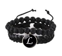 LIUYUYOUGO Mens Leather Bracelet Initial Beads 2Pcs Natural Stone Black Lava Crystal Beaded Bracelets Lady Letters A-Z Charm Bangle Double Layer Braided Cuff Wristband Jewelry Letter L