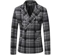 LIUYUYOUGO Mens Tweed Jackets Smart Casual Checked Blazer Vintage Double Breasted Suit Jackets Winter Woolen Plaid Sports Coats Classic Business Wedding Dress Tuxedo Blazers Grey L