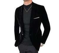 LIUYUYOUGO Mens Velvet Blazers Smart Casual Slim Fit Velvet Tuxedo Jacket Fashion Contrast Pocket Blazer Jacket One Button Sport Coat Elegant Dinner Prom Party Jacket Black L
