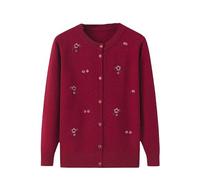 LIUYUYOUGO Middle-Aged and Elderly Knitted Cardigan Sweaters Floral Embroidery Cable Knit Cardigan Open Front Sweater Coat Long Sleeve Old Lady Knitwear Autumn Knit Jacket Burgundy Red L
