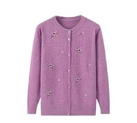 LIUYUYOUGO Middle-Aged and Elderly Knitted Cardigan Sweaters Floral Embroidery Cable Knit Cardigan Open Front Sweater Coat Long Sleeve Old Lady Knitwear Autumn Knit Jacket Purple S