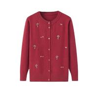 LIUYUYOUGO Middle-Aged and Elderly Knitted Cardigan Sweaters Floral Embroidery Cable Knit Cardigan Open Front Sweater Coat Long Sleeve Old Lady Knitwear Autumn Knit Jacket Red M