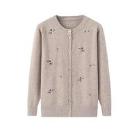 LIUYUYOUGO Middle-Aged and Elderly Knitted Cardigan Sweaters Floral Embroidery Cable Knit Cardigan Open Front Sweater Coat Long Sleeve Old Lady Knitwear Autumn Knit Jacket Beige M