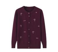 LIUYUYOUGO Middle-Aged and Elderly Knitted Cardigan Sweaters Floral Embroidery Cable Knit Cardigan Open Front Sweater Coat Long Sleeve Old Lady Knitwear Autumn Knit Jacket Fuchsia Xs