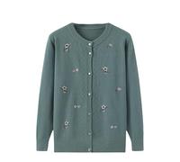 LIUYUYOUGO Middle-Aged and Elderly Knitted Cardigan Sweaters Floral Embroidery Cable Knit Cardigan Open Front Sweater Coat Long Sleeve Old Lady Knitwear Autumn Knit Jacket Green L