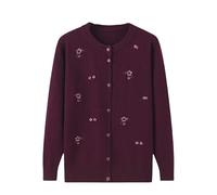 LIUYUYOUGO Middle-Aged and Elderly Knitted Cardigan Sweaters Floral Embroidery Cable Knit Cardigan Open Front Sweater Coat Long Sleeve Old Lady Knitwear Autumn Knit Jacket Fuchsia S