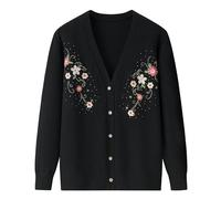 LIUYUYOUGO Middle-Aged and Elderly Knitted Cardigan Sweaters Ornate Flower Embroidery Knit Cardigan V-Neck Grandma Sweater Coat Old Lady Casual Top Autumn Knitwear Jacket Black S