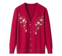 LIUYUYOUGO Middle-Aged and Elderly Knitted Cardigan Sweaters Ornate Flower Embroidery Knit Cardigan V-Neck Grandma Sweater Coat Old Lady Casual Top Autumn Knitwear Jacket Burgundy Red L