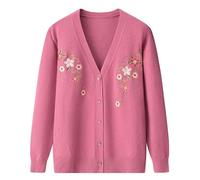 LIUYUYOUGO Middle-Aged and Elderly Knitted Cardigan Sweaters Ornate Flower Embroidery Knit Cardigan V-Neck Grandma Sweater Coat Old Lady Casual Top Autumn Knitwear Jacket