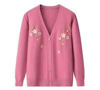 LIUYUYOUGO Middle-Aged and Elderly Knitted Cardigan Sweaters Ornate Flower Embroidery Knit Cardigan V-Neck Grandma Sweater Coat Old Lady Casual Top Autumn Knitwear Jacket Pink S