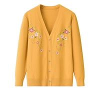 LIUYUYOUGO Middle-Aged and Elderly Knitted Cardigan Sweaters Ornate Flower Embroidery Knit Cardigan V-Neck Grandma Sweater Coat Old Lady Casual Top Autumn Knitwear Jacket Yellow S