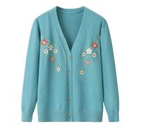 LIUYUYOUGO Middle-Aged and Elderly Knitted Cardigan Sweaters Ornate Flower Embroidery Knit Cardigan V-Neck Grandma Sweater Coat Old Lady Casual Top Autumn Knitwear Jacket Light Blue M