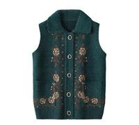 LIUYUYOUGO Middle-Aged and Elderly Knitted Cardigan Sweaters Vest Lapel Sleeveless Jumpers Retro Floral Knit Waistcoats Grandma Sweater Coat Old Lady Casual Tank Top Knitwear Dark Green Xs