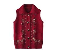 LIUYUYOUGO Middle-Aged and Elderly Knitted Cardigan Sweaters Vest Lapel Sleeveless Jumpers Retro Floral Knit Waistcoats Grandma Sweater Coat Old Lady Casual Tank Top Knitwear Burgundy Red L