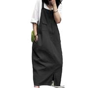 LIUYUYOUGO Midi Pinafore Dresses for Women Cotton Sleeveless Tank Dress Dungarees Casual Front Zipper Split Bib Overall Skirts Summer Vintage Loose Shift Frock with Pockets Black Xs