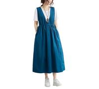 LIUYUYOUGO Midi Pinafore Dresses for Women Cotton V Neck Sleeveless Tank Dress Trendy Cinched Waist A-Line Bib Overall Skirts Summer Casual Loose Midi Frock with Pocket Blue M