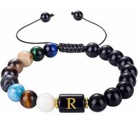 LIUYUYOUGO Natural Crystals Chakra Bracelet Men 7 Chakra Gemstones Yoga Bangle 8Mm Black Obsidian Initial Beaded Bracelets With A-Z Letter Punk Rock Handmade Braided Jewelry Letter R