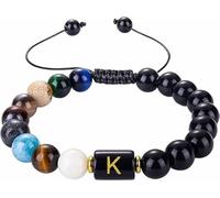 LIUYUYOUGO Natural Crystals Chakra Bracelet Men 7 Chakra Gemstones Yoga Bangle 8Mm Black Obsidian Initial Beaded Bracelets With A-Z Letter Punk Rock Handmade Braided Jewelry Letter K