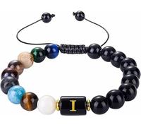 LIUYUYOUGO Natural Crystals Chakra Bracelet Men 7 Chakra Gemstones Yoga Bangle 8Mm Black Obsidian Initial Beaded Bracelets With A-Z Letter Punk Rock Handmade Braided Jewelry Letter I