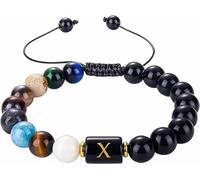 LIUYUYOUGO Natural Crystals Chakra Bracelet Men 7 Chakra Gemstones Yoga Bangle 8Mm Black Obsidian Initial Beaded Bracelets With A-Z Letter Punk Rock Handmade Braided Jewelry Letter X
