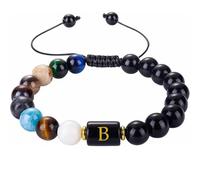 LIUYUYOUGO Natural Crystals Chakra Bracelet Men 7 Chakra Gemstones Yoga Bangle 8Mm Black Obsidian Initial Beaded Bracelets With A-Z Letter Punk Rock Handmade Braided Jewelry Letter B