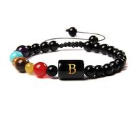 LIUYUYOUGO Natural Crystals Chakra Bracelet Womens 7 Chakra Gemstones Yoga Bangle 6Mm Black Obsidian Initial Beaded Bracelets With A-Z Letter Handmade Braided Jewelry For Men Letter B
