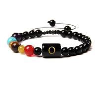 LIUYUYOUGO Natural Crystals Chakra Bracelet Womens 7 Chakra Gemstones Yoga Bangle 6Mm Black Obsidian Initial Beaded Bracelets With A-Z Letter Handmade Braided Jewelry For Men Letter O