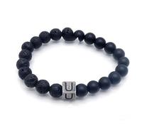 LIUYUYOUGO Natural Stone Black Lava Agate Crystal Beaded Bracelet Letters A-Z 8Mm Stretch Beads Initial Bracelets Distressed Square Charm Bangle Punk Antique Jewelry For Men Letter U