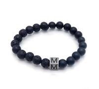 LIUYUYOUGO Natural Stone Black Lava Agate Crystal Beaded Bracelet Letters A-Z 8Mm Stretch Beads Initial Bracelets Distressed Square Charm Bangle Punk Antique Jewelry For Men Letter M