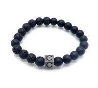 LIUYUYOUGO Natural Stone Black Lava Agate Crystal Beaded Bracelet Letters A-Z 8Mm Stretch Beads Initial Bracelets Distressed Square Charm Bangle Punk Antique Jewelry For Men Letter C