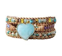 LIUYUYOUGO Natural Stone Wrap Bracelet For Women Boho Heart Charm Crystal Beaded Bracelets Handmade Leather Braided Stackable Cuff Bangles With Clasp Ethnic Hippie Jewelry Blue Jasper