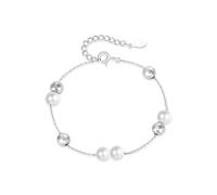 LIUYUYOUGO Pearl Bracelets For Women Sterling Silver Fashion Faceted Ball Beaded Bangle 18K Gold Plated Adjustable Chain Link Cuff Wristbands Statement Jewellery Gift Silver