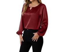 LIUYUYOUGO Satin Blouse for Women Long Sleeve Tops Elegant Ruched Hollow Crew Neck Silk Shirts Loose Fashion Evening Party Tunic Tops Business Office Workwear Burgundy Red S