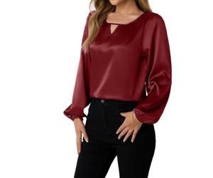 LIUYUYOUGO Satin Blouse for Women Long Sleeve Tops Elegant Ruched Hollow Crew Neck Silk Shirts Loose Fashion Evening Party Tunic Tops Business Office Workwear