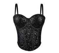 LIUYUYOUGO Sequin Corset Top Women Shiny Glitter Bustier Corset Wedding Party Crop Top Bra Vest Sexy Spaghetti Strap Push Up Corset Top Sparkly Boned Corset Camisole Bodyshaper Black S
