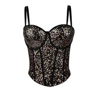 LIUYUYOUGO Sequin Corset Top Women Shiny Glitter Bustier Corset Wedding Party Crop Top Bra Vest Sexy Spaghetti Strap Push Up Corset Top Sparkly Boned Corset Camisole Bodyshaper Golden L