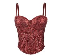 LIUYUYOUGO Sequin Corset Top Women Shiny Glitter Bustier Corset Wedding Party Crop Top Bra Vest Sexy Spaghetti Strap Push Up Corset Top Sparkly Boned Corset Camisole Bodyshaper Burgundy Red S