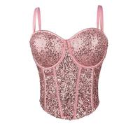 LIUYUYOUGO Sequin Corset Top Women Shiny Glitter Bustier Corset Wedding Party Crop Top Bra Vest Sexy Spaghetti Strap Push Up Corset Top Sparkly Boned Corset Camisole Bodyshaper Pink M
