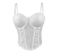 LIUYUYOUGO Sequin Corset Top Women Shiny Glitter Bustier Corset Wedding Party Crop Top Bra Vest Sexy Spaghetti Strap Push Up Corset Top Sparkly Boned Corset Camisole Bodyshaper White S