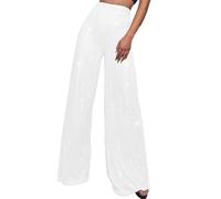 LIUYUYOUGO Sequin Wide Leg Trousers Women High Waist Shiny Palazzo Trousers Loose Fit Sparkly Glitter Trousers Elegant Baggy Straight Leg Pants Bottoms Y2K Party Clubwear White M