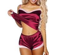 LIUYUYOUGO Silk Pyjamas For Women Shorts Set Sexy V Neck Summer Pjs Set Contrast Splicing Cami And Shorts Nightwear Satin Lingerie Pyjamas Ladies Short Pyjamas Set Loungewear Burgundy Red Xl