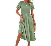 LIUYUYOUGO Smocked Summer Dresses for Women Casual Hollow Short Sleeve Midi Dress Solid Color Elastic Waist Tiered A-Line Frock Cocktail Party Wedding Guest Gowns Sage Green M