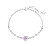LIUYUYOUGO Sterling Silver 925 Love Heart Bracelet With Shiny Crystal Diamonds Adjustable Natural Stone Charm Bangle Luxury Hearts Birthstone Jewellery Gift For Women Girls Feb - Amethyst