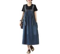 LIUYUYOUGO Summer Dresses,Women'S Denim Pinafore Dress Elegant Dark Blue Sleeveless Tank Dress Summer Casual Loose Denim Dungaree Dress Oversized Ruched Drawstring Jean Dress Long Midi Dresses Xl
