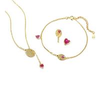 LIUYUYOUGO Tennis Racket Bracelet For Women Sport Jewellery Sets Hearts Charm 925 Sterling Silver Necklace And Bracelet Sets With Rose Red Cubic Zirconia For Tennis Lover 3Pcs Set