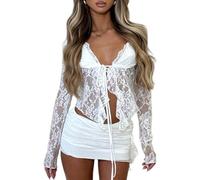 LIUYUYOUGO Tie Front Cardigans for Women Sexy Sheer Floral Lace Bolero Shrug Ladies Summer Cardigan Long Sleeves Cropped Tops Y2K See Through Ruffle Trim Shrug Tops Blouse White S
