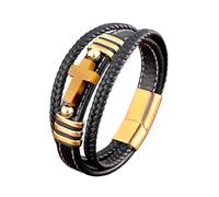 LIUYUYOUGO Tiger Eye Leather Bracelet For Men Natural Gemstone Cross Charm Faith Bracelets Handmade Multi-Layer Weave Rope Wristband Pray Meditation Protection Jewelry Gift Golden