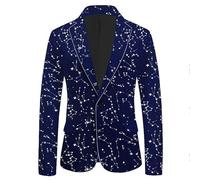 LIUYUYOUGO Velvet Blazer Men Luxury Stars Jacquard Suit Jacket One Button Tuxedo Jacket Notched Lapel Chic Jackets Stunning Party Wedding Blazer Business Dress Suit Coats Blue Silver Stars XL